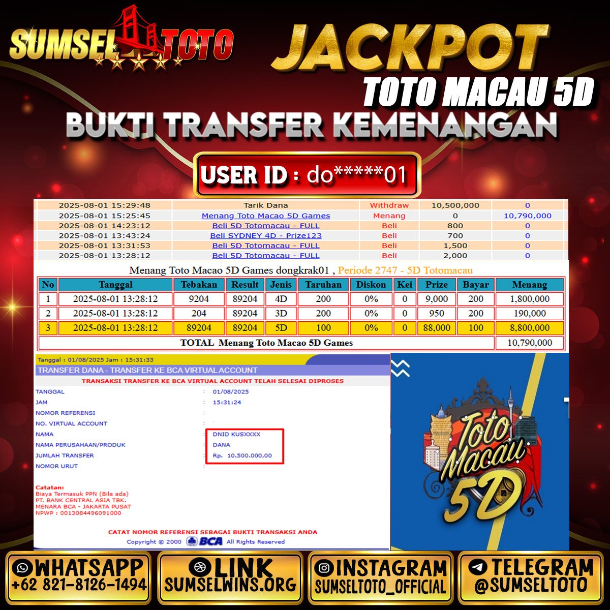 SUMSELTOTO JACKPOT TOGEL TOTO MACAU 5D Rp.10,500,000.,- LUNAS